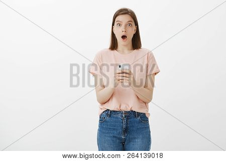 Girl Received Email Confirmation She Passed Exams, Being Shocked And Surprised, Holding Smartphone A
