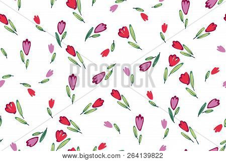 Garden Tulips Flowers Seamless Pattern. Botanical Illustration In Hand Drawn Style.vector Floral Des