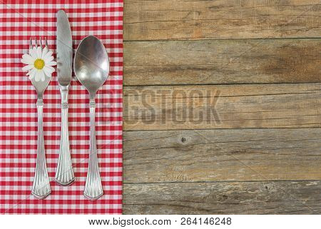 Table Setting Background For Dinner, Menu, Meal, Breakfeast With Red Checkered Cloth And Daisy Bloss