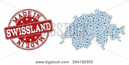 Map Of Swissland Vector Mosaic And Made In Grunge Stamp. Map Of Swissland Formed With Blue Gear Conn