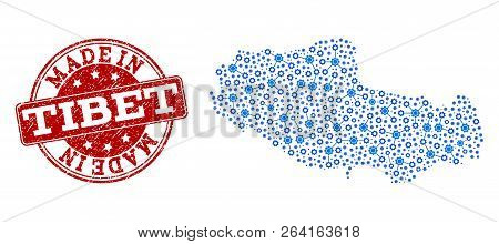 Map Of Tibet Vector Mosaic And Made In Grunge Stamp. Map Of Tibet Formed With Blue Cog Relations. Ma