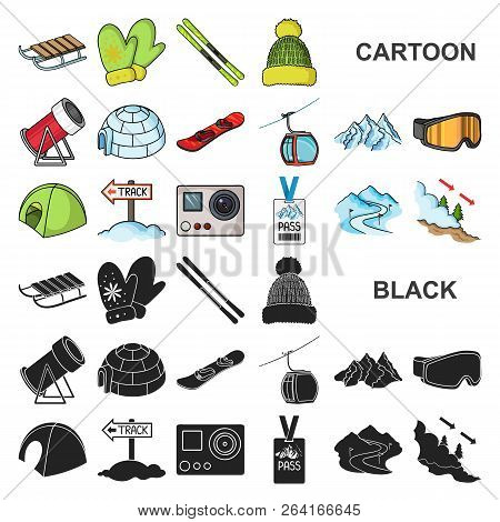 Ski Resort And Equipment Cartoon Icons In Set Collection For Design. Entertainment And Recreation Ve