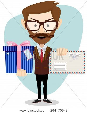 Young Man Holding Envelope And Gift . Stock Flat Vector Illustration.