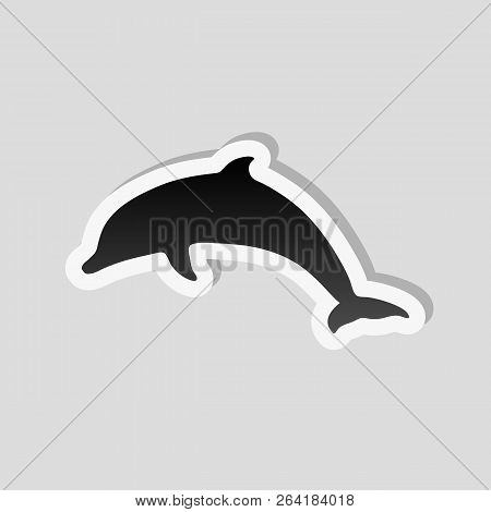 Silhouette Of Dolphin. Sticker Style With White Border And Simple Shadow On Gray Background