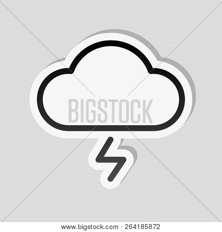 Cloud And Lightning. Simple Outline Icon. Linear Symbol With Thin Outline. Sticker Style With White 