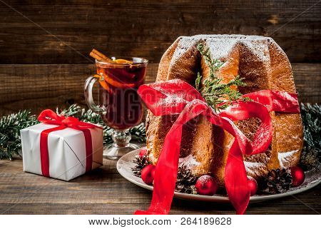 Traditional Italian Christmas Fruit Cake Panettone Pandoro With Festive Red Ribbon And Christmas Dec