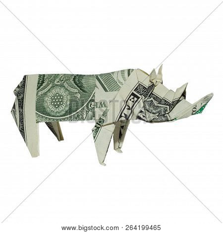 Money Origami Rhinoceros Folded With Real One Dollar Bill Isolated On White Background