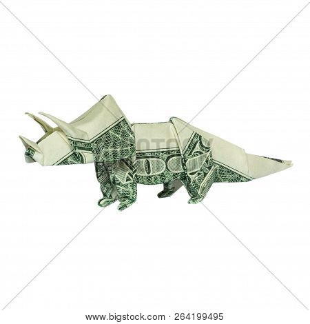 Money Origami Triceratops Dinosaur Folded With Real One Dollar Bill Isolated On White Background