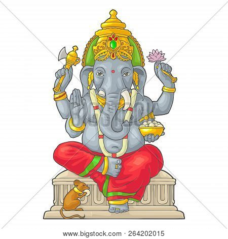 Ganpati With Mouse For Poster Ganesh Chaturthi. Engraving Vintage Vector