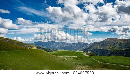 Georgian Military Road And Georgia-russia Frendship Monument Hi-res Panorama.