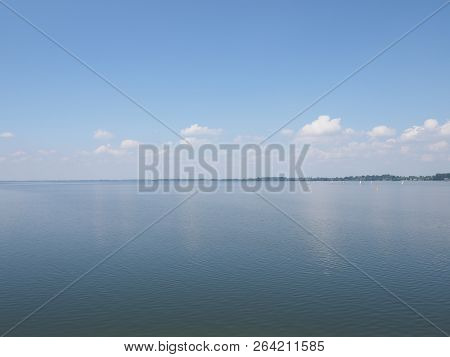 Quite Landscapes Of Artificial European Goczalkowice Reservoir In Poland With Beauty Clouds On Blue 