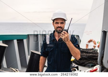 Marine Deck Officer Or Chief Mate On Deck Of Vessel Or Ship