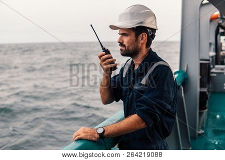 Marine Deck Officer Or Chief Mate On Deck Of Vessel Or Ship