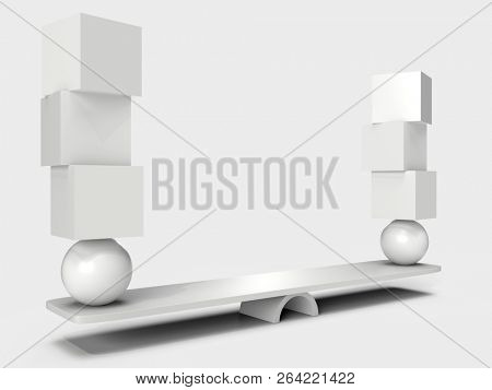 teeterboard with boxes and orbs. 3D rendering