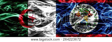Algeria, Algerian Vs Belize, Belizean Smoke Flags Placed Side By Side. Concept And Idea Flags Mix