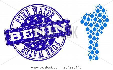Map Of Benin Vector Mosaic And Pure Water Grunge Stamp. Map Of Benin Designed With Blue Aqua Tears. 