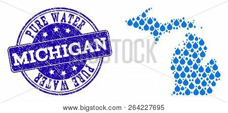 Map Of Michigan State Vector Mosaic And Pure Water Grunge Stamp. Map Of Michigan State Formed With B