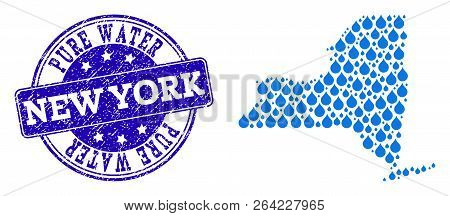 Map Of New York State Vector Mosaic And Pure Water Grunge Stamp. Map Of New York State Designed With