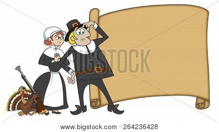 Turkey Hiding Musket Gun From Male And Female Pilgrims Thanksgiving
