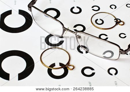 Lenses In A Copper Frame And Glasses On The Table Of Definition Of Visual Acuity