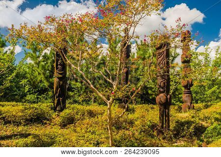 Samcheok, South Korea; September 25, 2018: Closeup Of Wooden Statues Shaped Like Human Penis In Vari