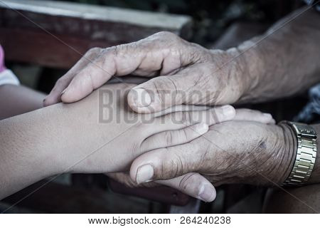 Hands Holding Together Takecare Of Asian Elderly Or Grandfather Hands Wrinkled Skin  Touching Teenag