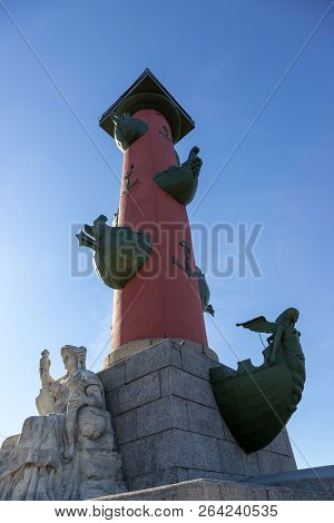St. Petersburg, Russia - August 08, 2018: Rostral Column In The Center Of St. Petersburg Against A B