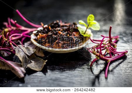 Close Up Of Popular Dish Of Amaranth Leaves Or Chauli Or Chowli Or Chaulai Or Thotakura Or Harive So