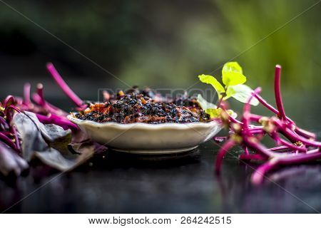 Close Up Of Popular Dish Of Amaranth Leaves Or Chauli Or Chowli Or Chaulai Or Thotakura Or Harive So