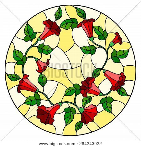 Illustration In Stained Glass Style Flowers Loach, Red Flowers And Leaves On Yellow Background,round