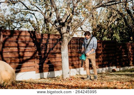 Handsome Gardener Working With Leaf Blower In Garden