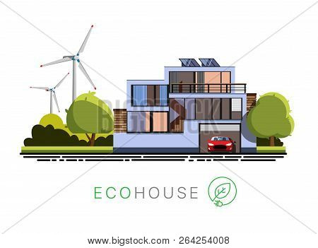 Ecohouse Architecture. Facade Of A Ecohouse Building. Exterior Of A Ecohouse Building. Vector Facade