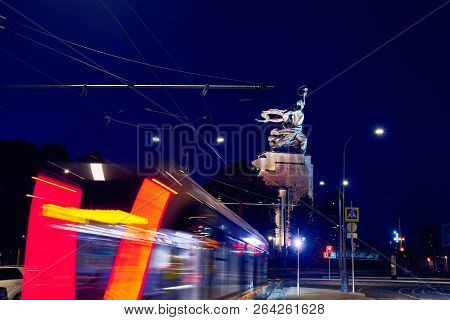 Moscow, Russia-august 2018. Public Transport Metropolis, Traffic And Blurry Lights Train At Night. A