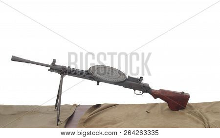 Soviet Machine Gun Degtyarev On The Table Isolated On A White Background. Horizontal.