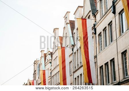 Achitecture Or Old Houses On The Street Of The City Elders Principalmark In Muenster In Germany. The