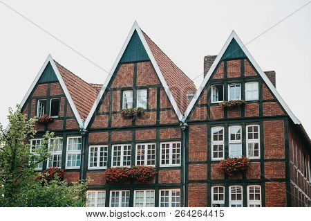 Achitecture Or Old Houses On The Street Of The City Elders Principalmark In Muenster In Germany. The