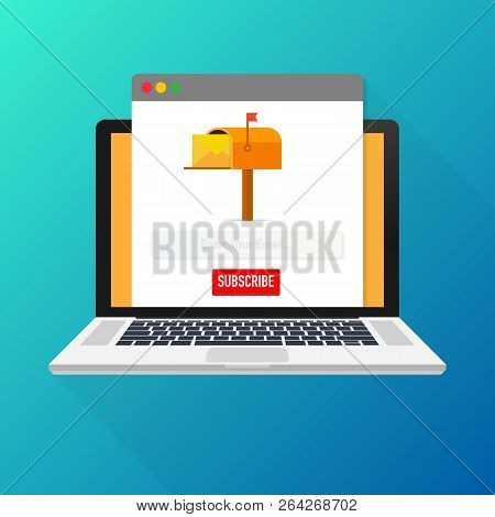 Email Subscribe, Online Newsletter Vector Template With Mailbox And Submit Button On Laptop Screen. 