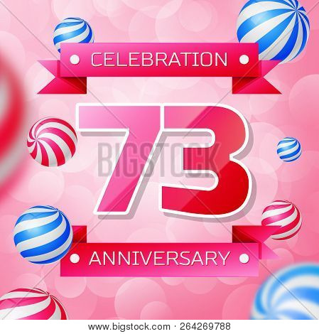 Realistic Seventy Three Years Anniversary Celebration Design Banner. Gold Numbers And Blue Ribbons, 