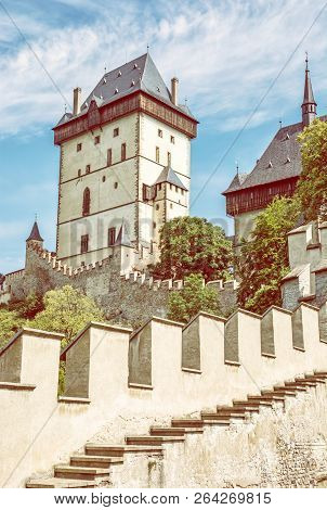 Karlstejn Is A Large Gothic Castle Founded 1348 By Charles Iv In Czech Republic. Ancient Architectur