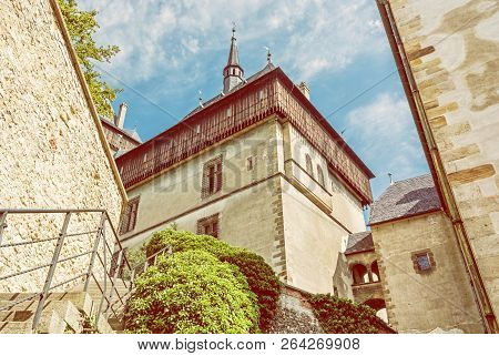 Karlstejn Is A Large Gothic Castle Founded 1348 By Charles Iv In Czech Republic. Ancient Architectur