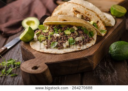 Homemade Minced Beef Tortilla, Fresh Avocado And Mozarella Cheese