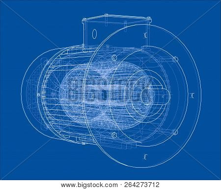 Electric Motor Sketch. Vector Rendering Of 3d. Wire-frame Style. The Layers Of Visible And Invisible