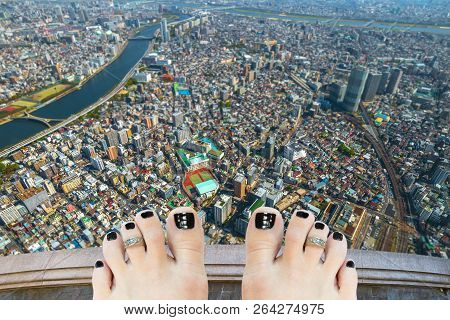 Barefoot Woman On Top Of A Building Thinking Of Suicide, Over Tokyo Cityscape With Sumida River Brid