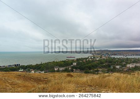 Landscape View Of Kerch City And Seaport In Crimea From Mithridat Mountain. Cloudy And Rainy Autumn 
