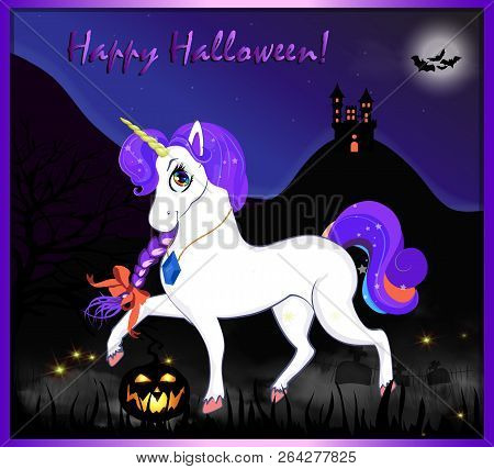 Happy Halloween Cartoon Greeting Card Of Cute Magical Unicorn With Purple Hair On Night Full Moon Sp