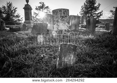 Old Cemetery And Tombstones In Rural Town Black And White
