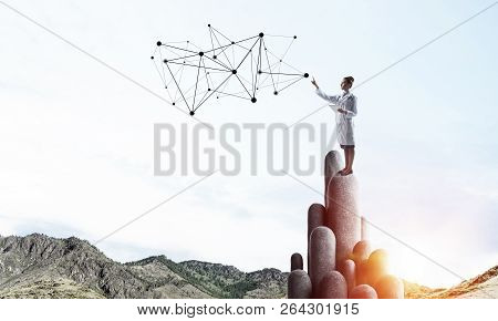 Young Female Doctor With Folder In Hands Satnding On Stone Column. 3d Rendering