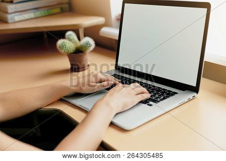Woman Using Laptop, Searching Web, Browsing Information, Having Workplace At Home. Vintage Concept
