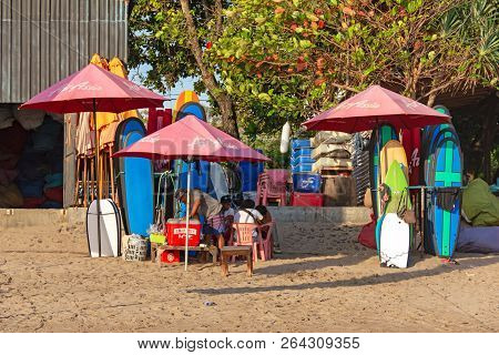 Kuta, Indonesia - September 14, 2018: Surfboard Rental Stall In Seminyak Beach.