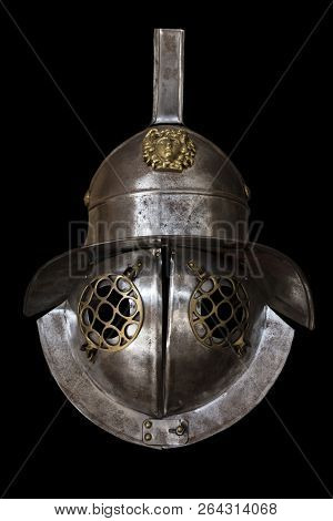 Murmillo Helmet. Ancient Roman Gladiator Reconstruction. Isolated Over Black